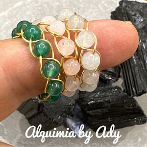 Handmade beaded gold Aventurine pink Quartz white jade beaded ring band bohemian